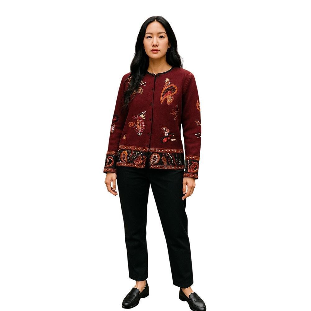 Coldwater Creek Women’s M Burgundy Paisley Embroidered Cardigan Sweater Ramie